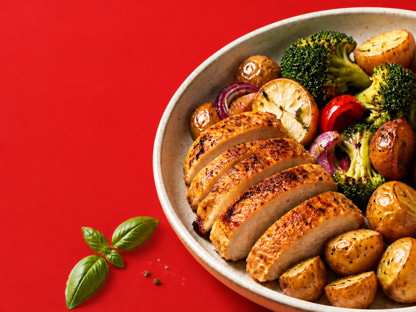 A dinner plate of grilled chicken, roasted potatoes, and broccoli — the kind of cheap nearby meal Penny Meals helps you find.