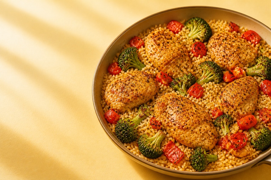 One-pan chicken and rice dinner.