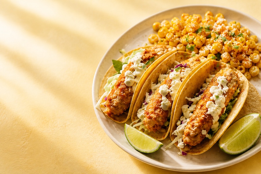 Crispy chicken tacos with lime and roasted corn.
